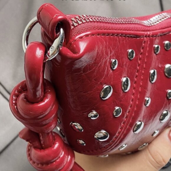 Red Statement Studded Crescent Handbag - Picture 7 of 9